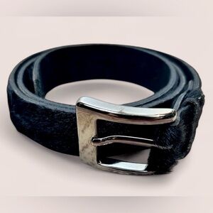 Vermillion Hair on Hide Leather L belt Black Silver Tone Buckle Elegant Chic